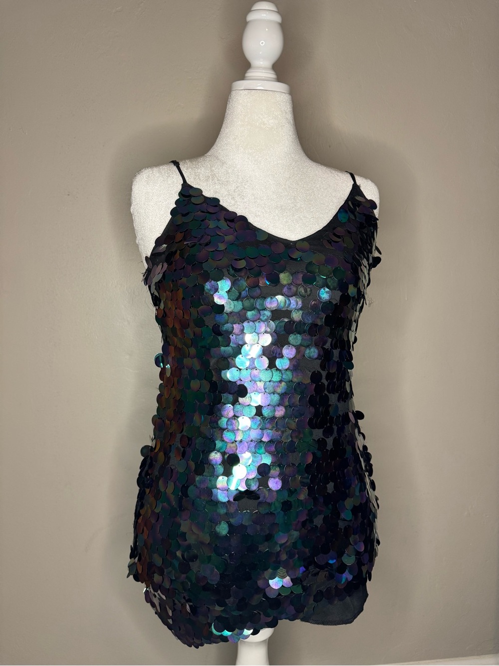 Crystal Doll Iridescent Sequin Camisole - Black with Multicolor Sheen